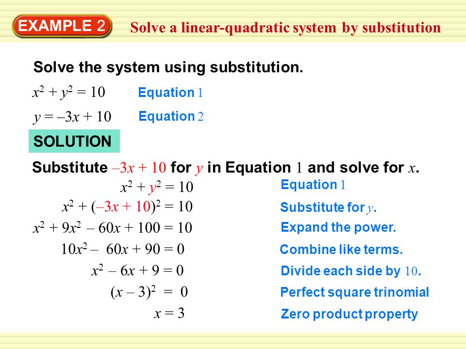 EXAMPLE 2 Solve a linear-quadratic system by substitution Solve the system using substitution.