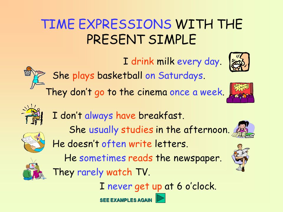 TIME EXPRESSIONS WITH THE PRESENT SIMPLE I drink milk every day.
