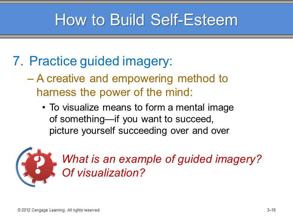 How to Build Self-Esteem 7.Practice guided imagery: –A creative and empowering method to harness the power of the mind: To visualize means to form a mental image of something—if you want to succeed, picture yourself succeeding over and over What is an example of guided imagery.