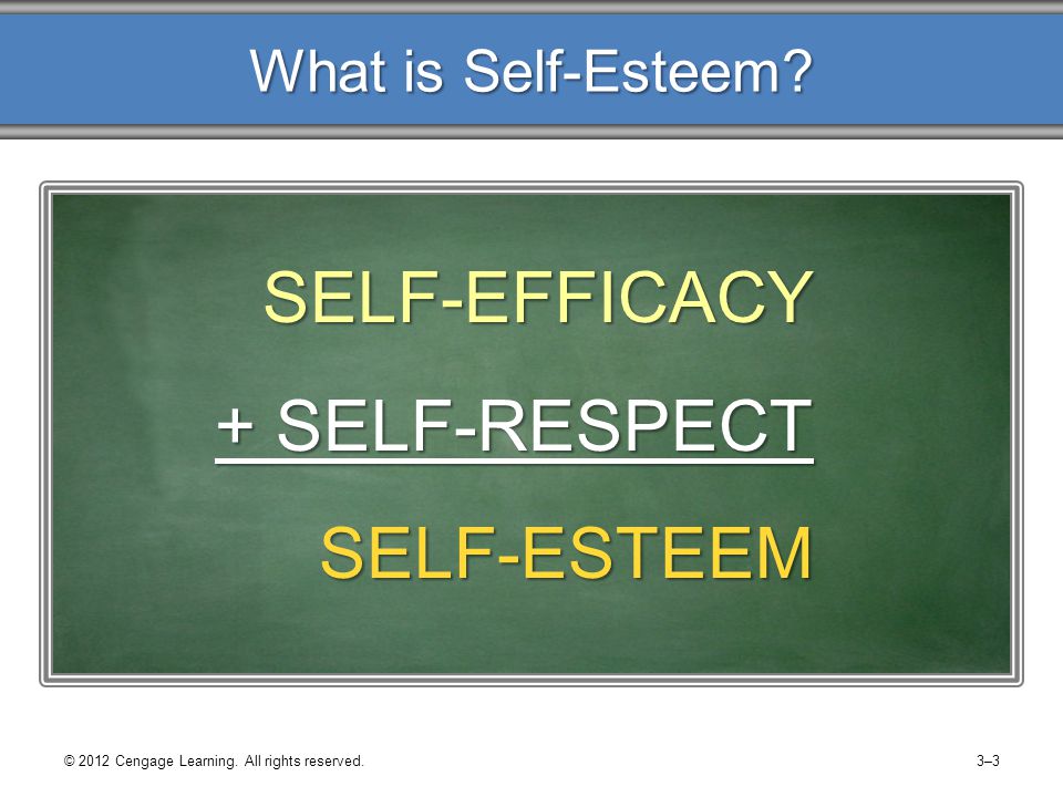 What is Self-Esteem. SELF-EFFICACY + SELF-RESPECT SELF-ESTEEM © 2012 Cengage Learning.