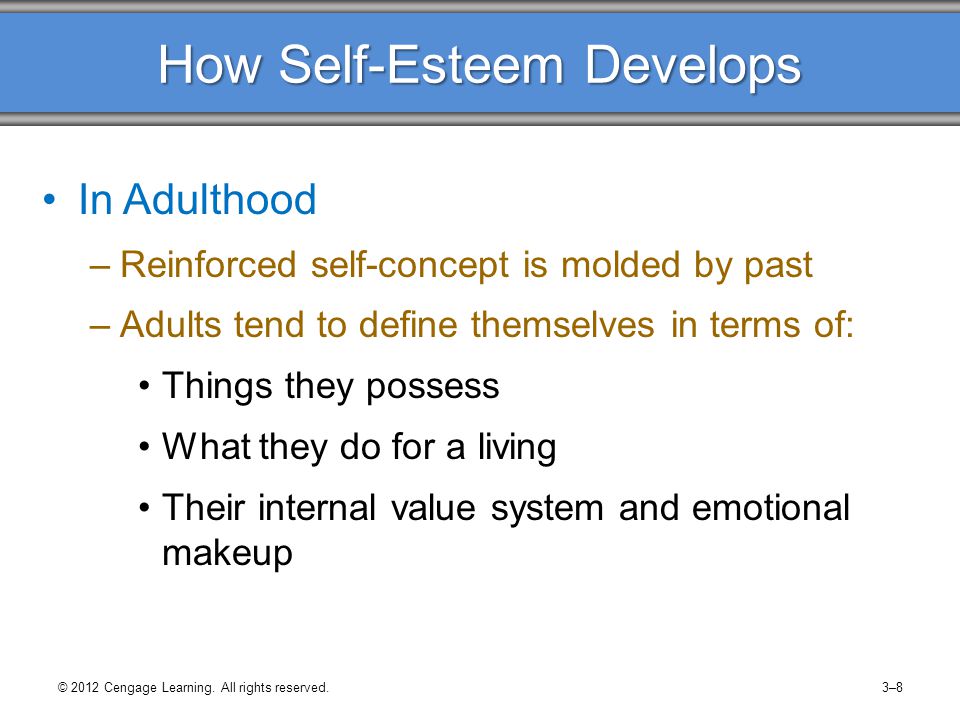 How Self-Esteem Develops In Adulthood –Reinforced self-concept is molded by past –Adults tend to define themselves in terms of: Things they possess What they do for a living Their internal value system and emotional makeup © 2012 Cengage Learning.