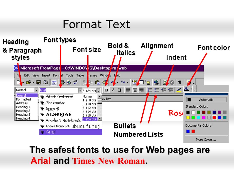 Format Text The safest fonts to use for Web pages are Arial and Times New Roman.