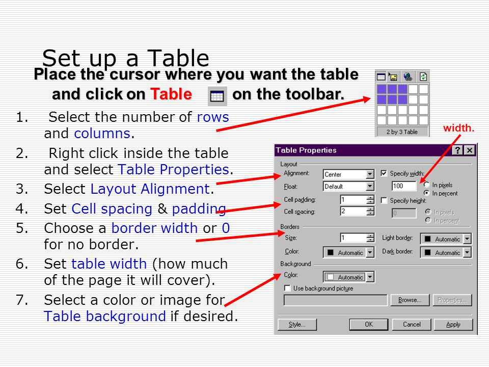 Set up a Table 1. Select the number of rows and columns.
