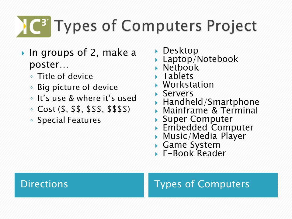 DirectionsTypes of Computers  In groups of 2, make a poster… ◦ Title of device ◦ Big picture of device ◦ It’s use & where it’s used ◦ Cost ($, $$, $$$, $$$$) ◦ Special Features  Desktop  Laptop/Notebook  Netbook  Tablets  Workstation  Servers  Handheld/Smartphone  Mainframe & Terminal  Super Computer  Embedded Computer  Music/Media Player  Game System  E-Book Reader