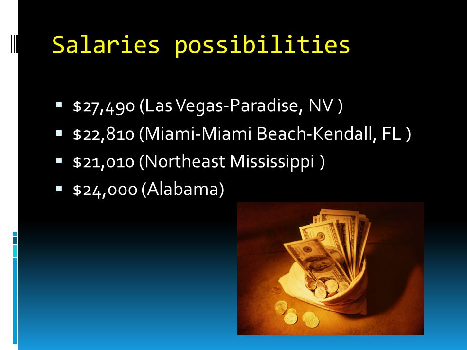 Salaries possibilities  $27,490 (Las Vegas-Paradise, NV )  $22,810 (Miami-Miami Beach-Kendall, FL )  $21,010 (Northeast Mississippi )  $24,000 (Alabama)