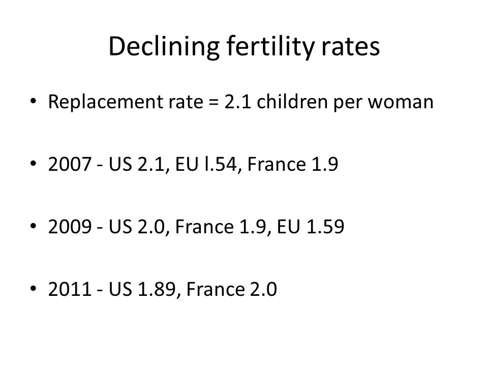 Declining fertility rates Replacement rate = 2.1 children per woman US 2.1, EU l.54, France US 2.0, France 1.9, EU US 1.89, France 2.0