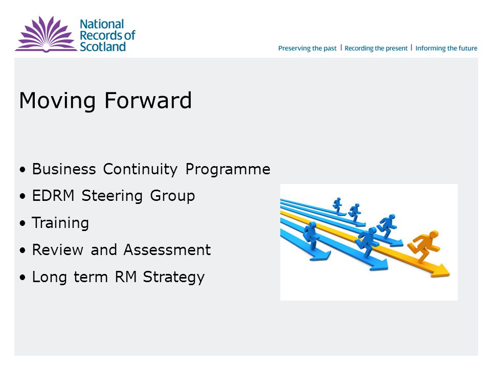 Moving Forward Business Continuity Programme EDRM Steering Group Training Review and Assessment Long term RM Strategy