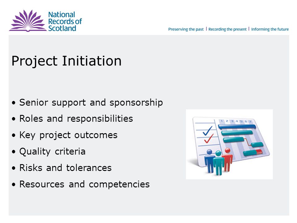 Project Initiation Senior support and sponsorship Roles and responsibilities Key project outcomes Quality criteria Risks and tolerances Resources and competencies