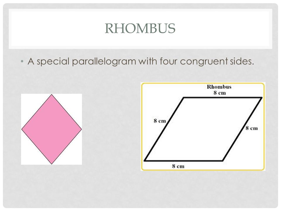 RHOMBUS A special parallelogram with four congruent sides.