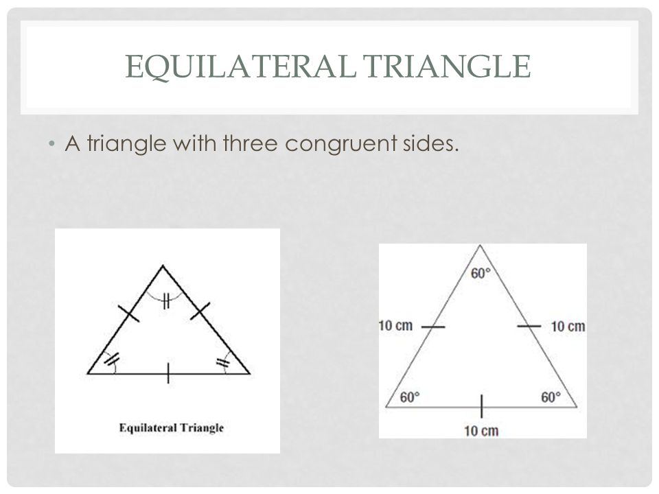 EQUILATERAL TRIANGLE A triangle with three congruent sides.