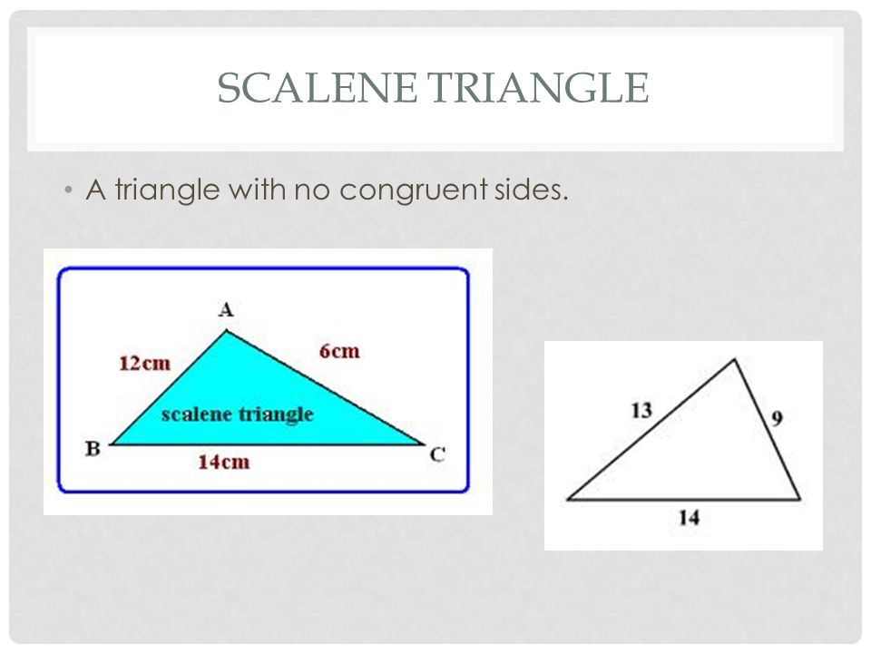 SCALENE TRIANGLE A triangle with no congruent sides.