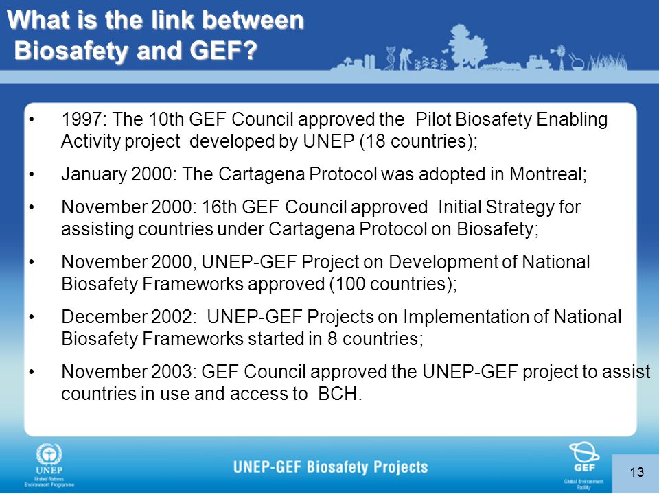 : The 10th GEF Council approved the Pilot Biosafety Enabling Activity project developed by UNEP (18 countries); January 2000: The Cartagena Protocol was adopted in Montreal; November 2000: 16th GEF Council approved Initial Strategy for assisting countries under Cartagena Protocol on Biosafety; November 2000, UNEP-GEF Project on Development of National Biosafety Frameworks approved (100 countries); December 2002: UNEP-GEF Projects on Implementation of National Biosafety Frameworks started in 8 countries; November 2003: GEF Council approved the UNEP-GEF project to assist countries in use and access to BCH.