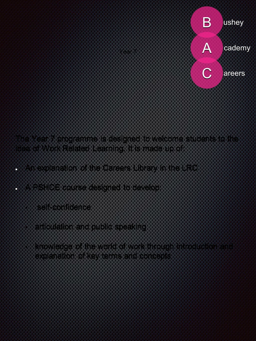 Year 7 The Year 7 programme is designed to welcome students to the idea of Work Related Learning.