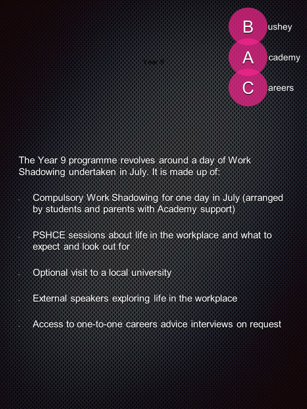 Year 9 The Year 9 programme revolves around a day of Work Shadowing undertaken in July.
