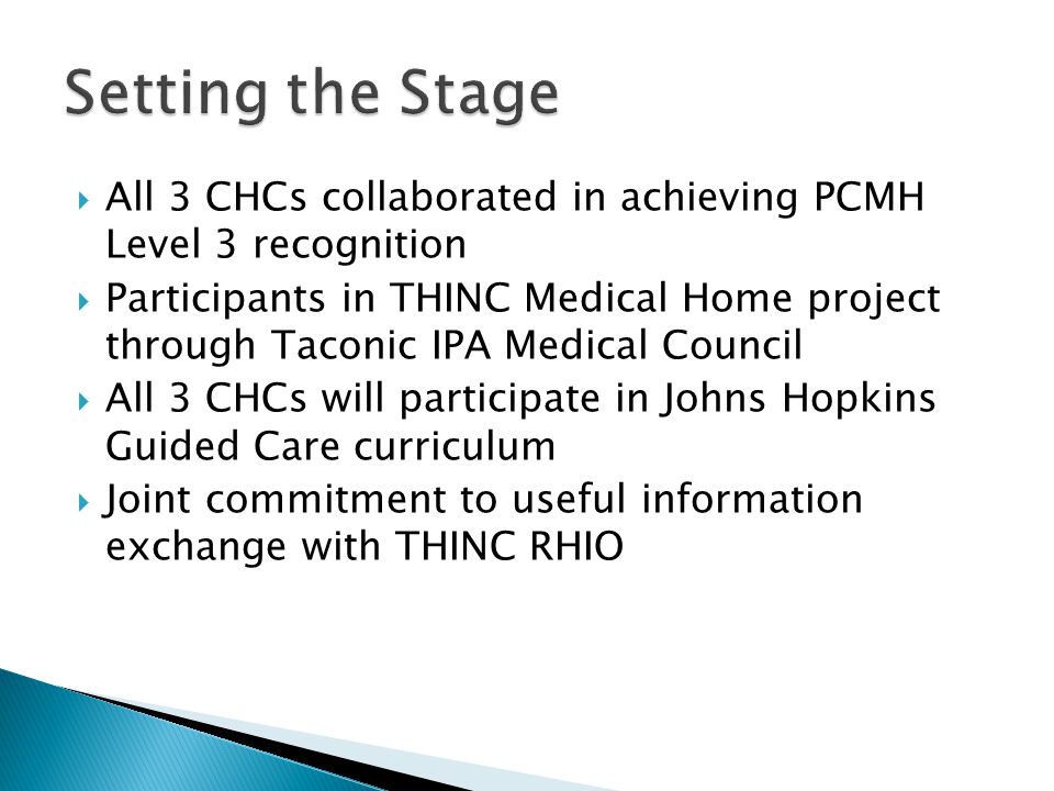  All 3 CHCs collaborated in achieving PCMH Level 3 recognition  Participants in THINC Medical Home project through Taconic IPA Medical Council  All 3 CHCs will participate in Johns Hopkins Guided Care curriculum  Joint commitment to useful information exchange with THINC RHIO