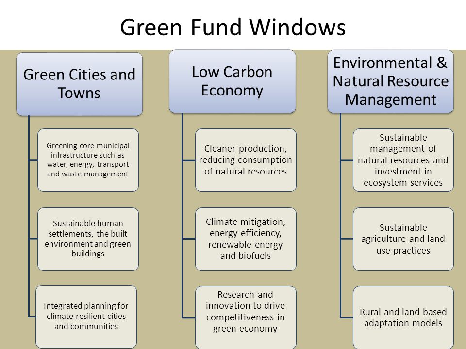 Green Fund Windows Green Cities and Towns Greening core municipal infrastructure such as water, energy, transport and waste management Sustainable human settlements, the built environment and green buildings Integrated planning for climate resilient cities and communities Low Carbon Economy Cleaner production, reducing consumption of natural resources Climate mitigation, energy efficiency, renewable energy and biofuels Research and innovation to drive competitiveness in green economy Environmental & Natural Resource Management Sustainable management of natural resources and investment in ecosystem services Sustainable agriculture and land use practices Rural and land based adaptation models
