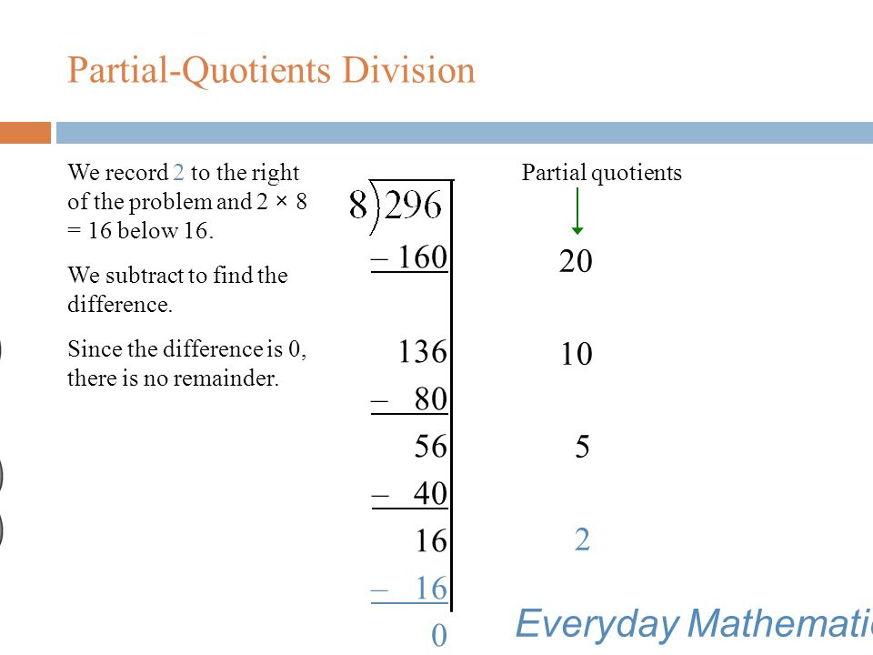 Partial-Quotients Division Next we ask: How many [8s] are in 16.