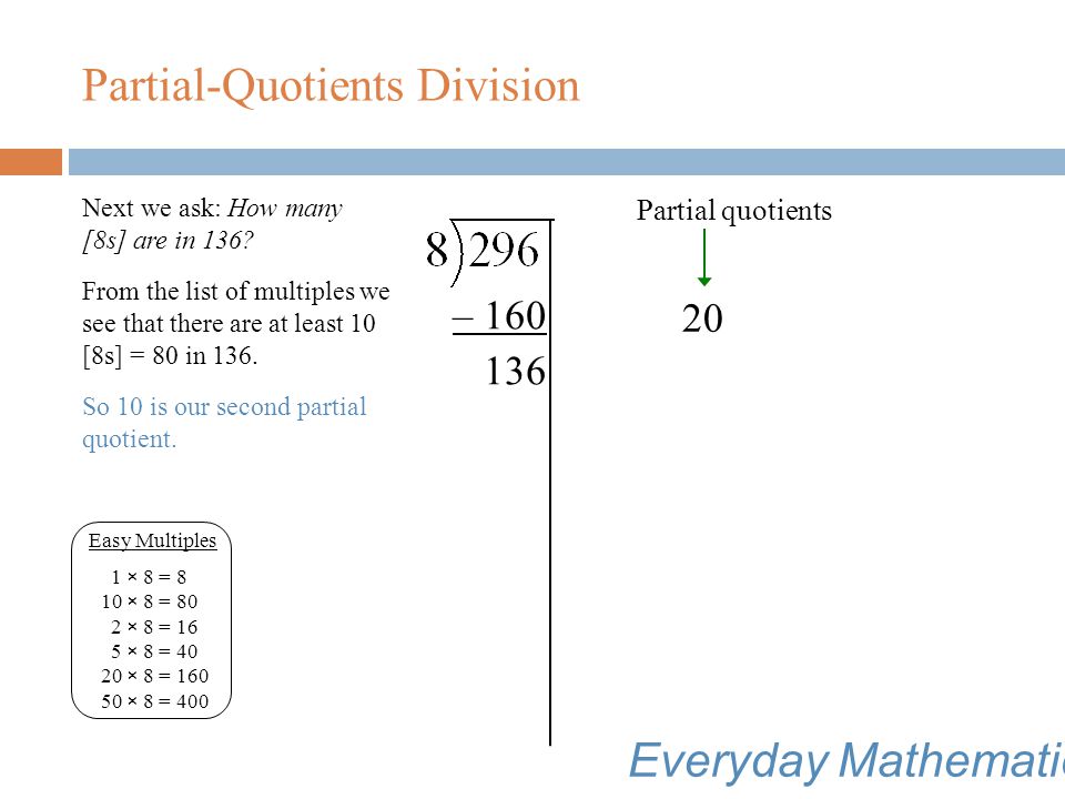 Partial-Quotients Division We record 20 to the right of the problem and 20 × 8 =160 below 296.