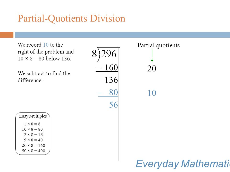 Partial-Quotients Division Next we ask: How many [8s] are in 136.