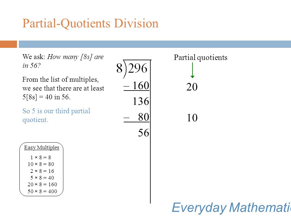 Partial-Quotients Division We record 10 to the right of the problem and 10 × 8 = 80 below 136.