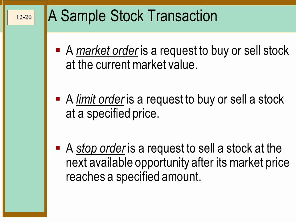 12-20 A Sample Stock Transaction  A market order is a request to buy or sell stock at the current market value.