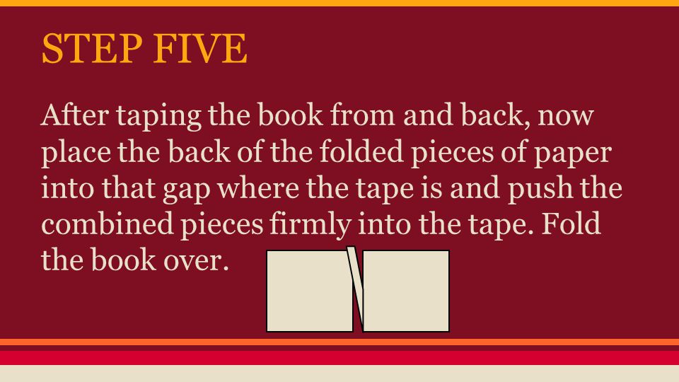STEP FIVE After taping the book from and back, now place the back of the folded pieces of paper into that gap where the tape is and push the combined pieces firmly into the tape.