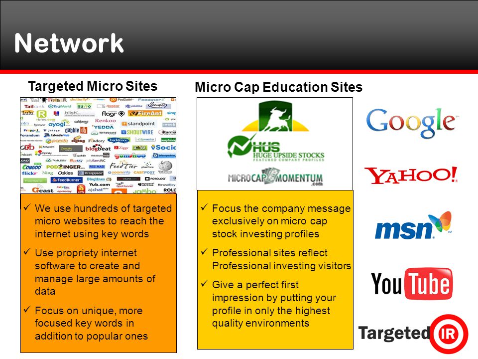 Network We use hundreds of targeted micro websites to reach the internet using key words Use propriety internet software to create and manage large amounts of data Focus on unique, more focused key words in addition to popular ones Targeted Micro Sites Micro Cap Education Sites Focus the company message exclusively on micro cap stock investing profiles Professional sites reflect Professional investing visitors Give a perfect first impression by putting your profile in only the highest quality environments