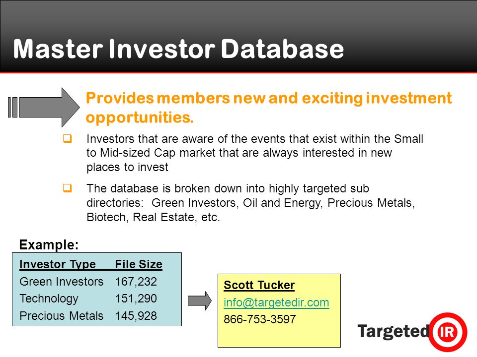 Master Investor Database Provides members new and exciting investment opportunities.