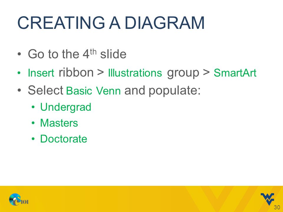 CREATING A DIAGRAM Go to the 4 th slide Insert ribbon > Illustrations group > SmartArt Select Basic Venn and populate: Undergrad Masters Doctorate 30