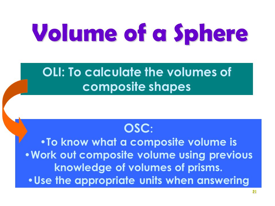Volume of a Sphere 21 OLI: To calculate the volumes of composite shapes OSC : To know what a composite volume is Work out composite volume using previous knowledge of volumes of prisms.