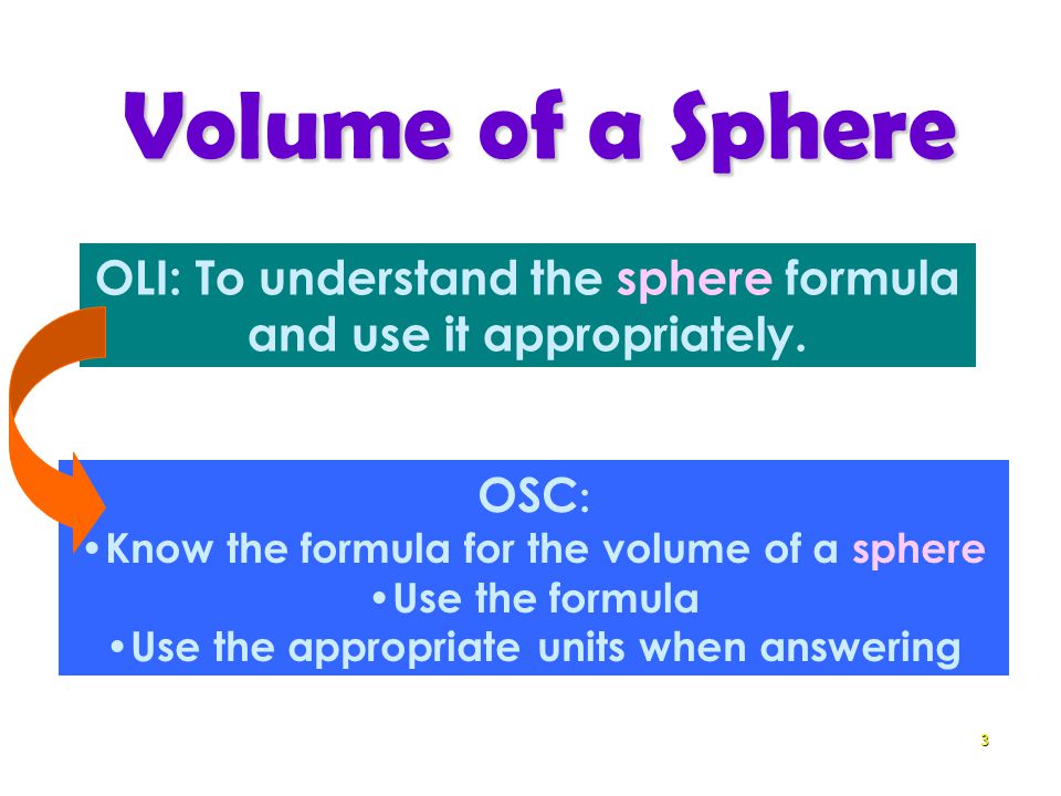 Volume of a Sphere 3 OLI: To understand the sphere formula and use it appropriately.