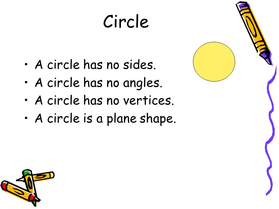Circle A circle has no sides. A circle has no angles.