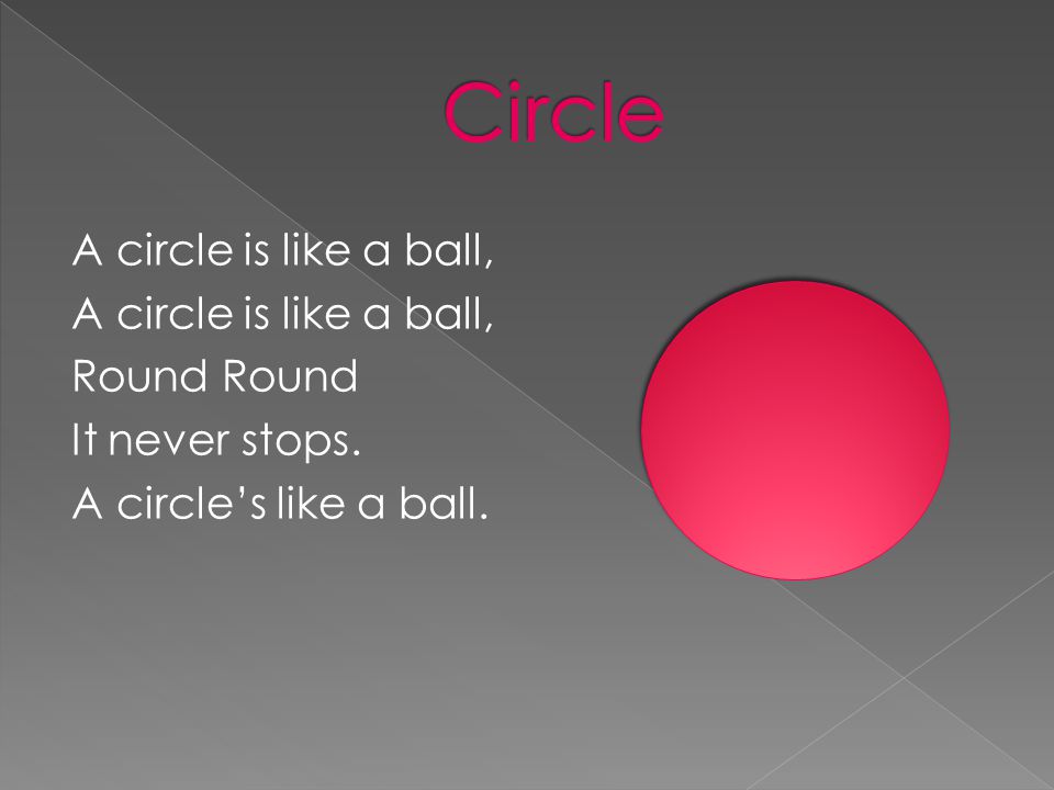 A circle is like a ball, Round It never stops. A circle’s like a ball.
