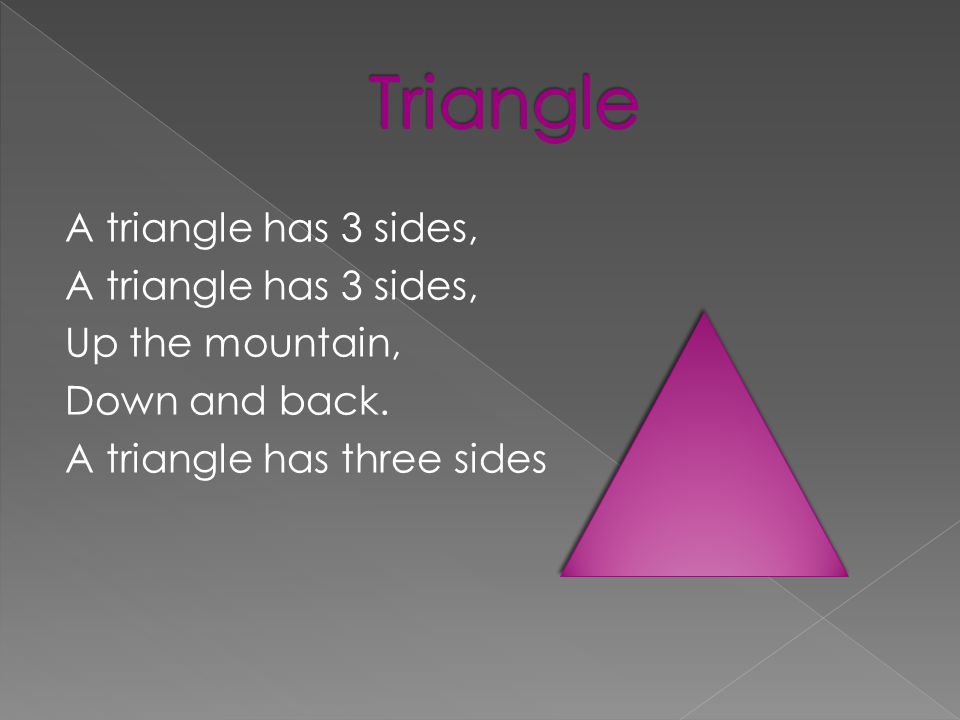 A triangle has 3 sides, Up the mountain, Down and back. A triangle has three sides