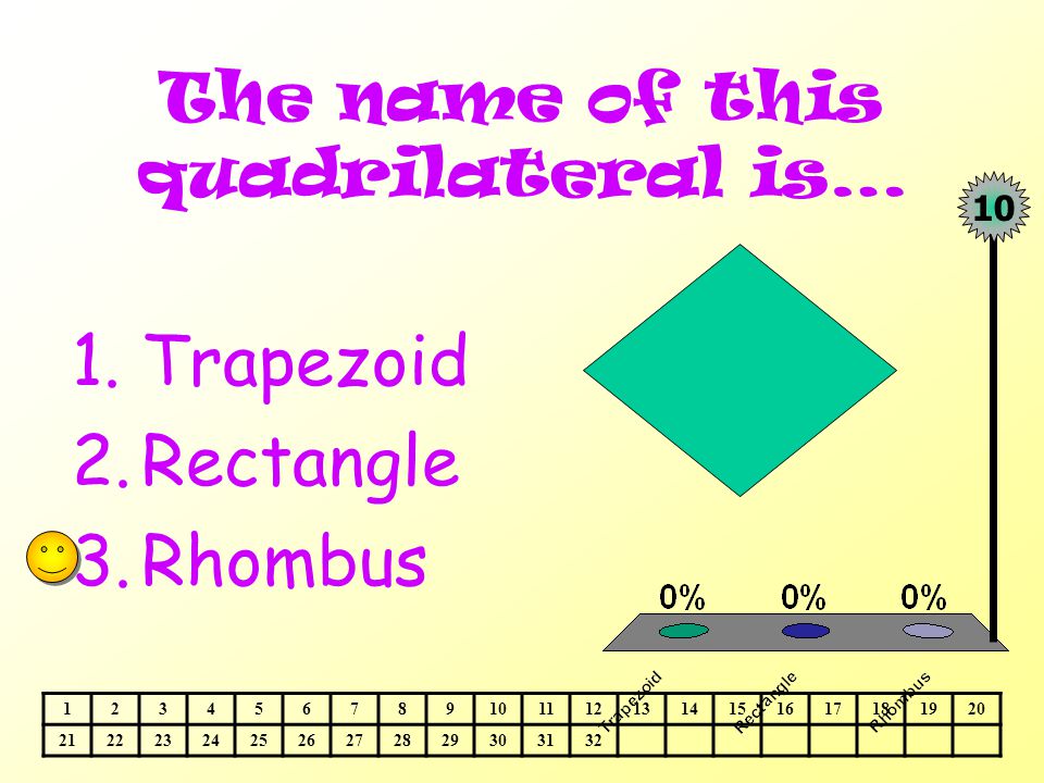 The name of this quadrilateral is… 1.Trapezoid 2.Rectangle 3.Rhombus