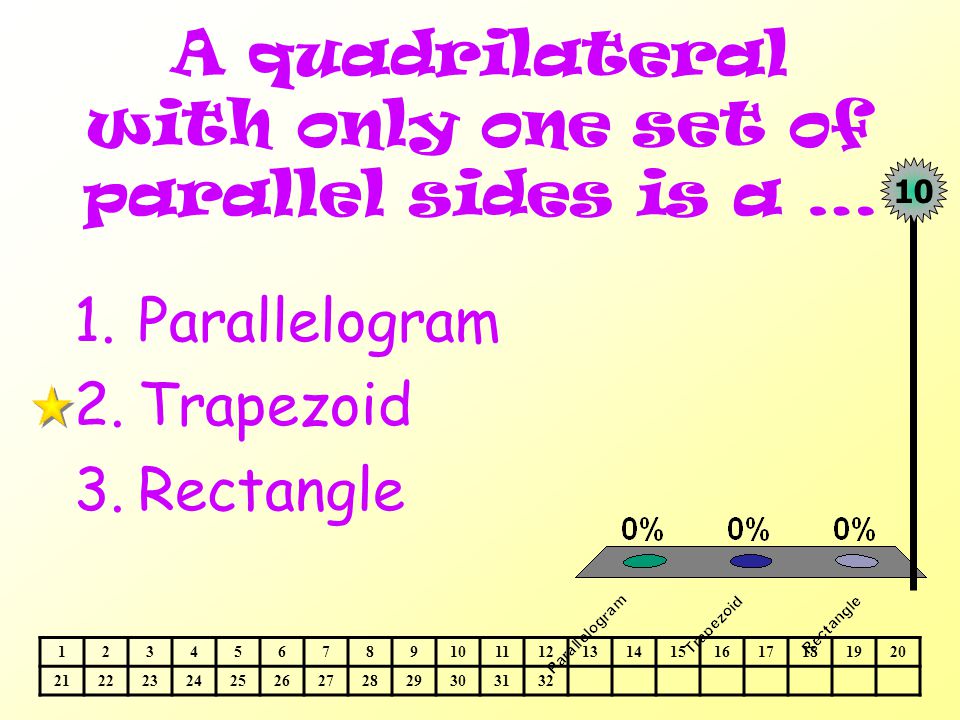 A quadrilateral with only one set of parallel sides is a … 1.Parallelogram 2.Trapezoid 3.Rectangle