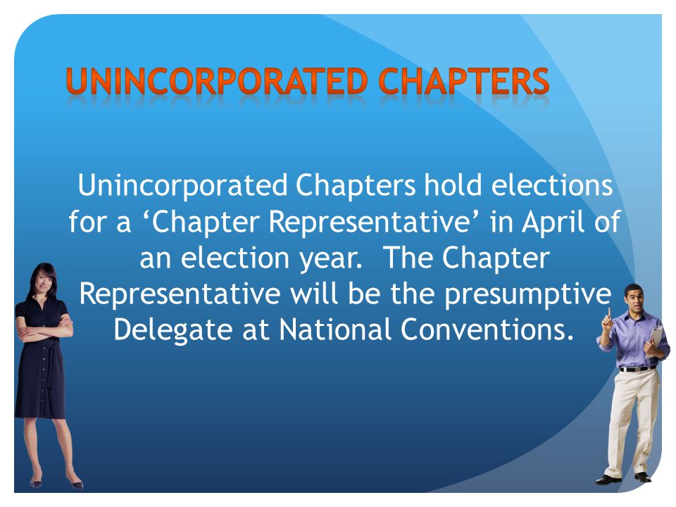 Unincorporated Chapters hold elections for a ‘Chapter Representative’ in April of an election year.