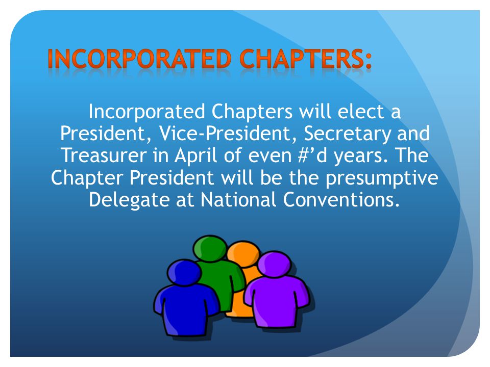 Incorporated Chapters will elect a President, Vice-President, Secretary and Treasurer in April of even #’d years.