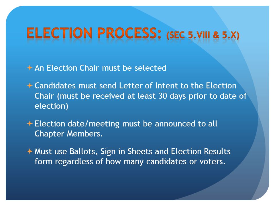  An Election Chair must be selected  Candidates must send Letter of Intent to the Election Chair (must be received at least 30 days prior to date of election)  Election date/meeting must be announced to all Chapter Members.