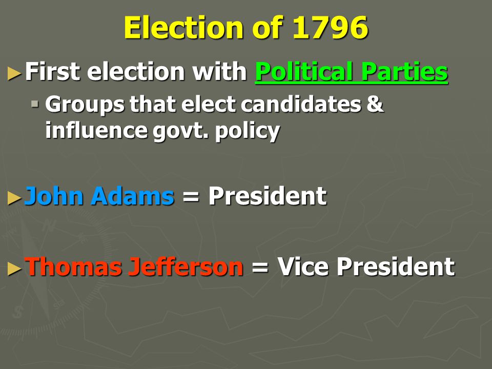 Election of 1796 ► First election with Political Parties  Groups that elect candidates & influence govt.