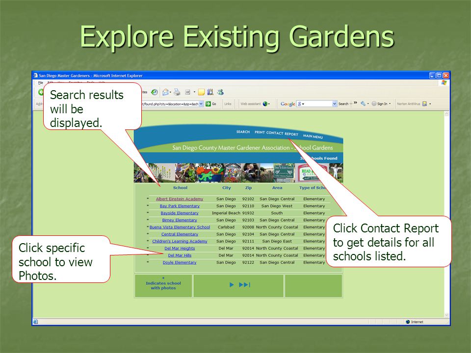 Explore Existing Gardens Search results will be displayed.