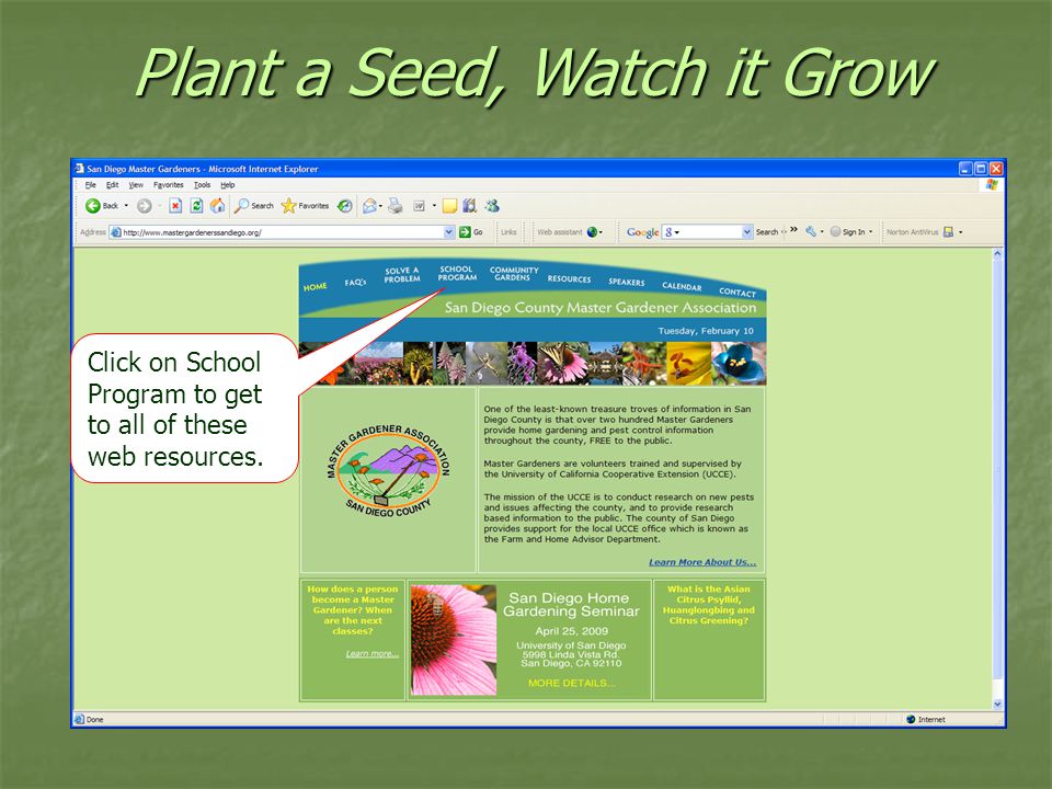 Plant a Seed, Watch it Grow Click on School Program to get to all of these web resources.