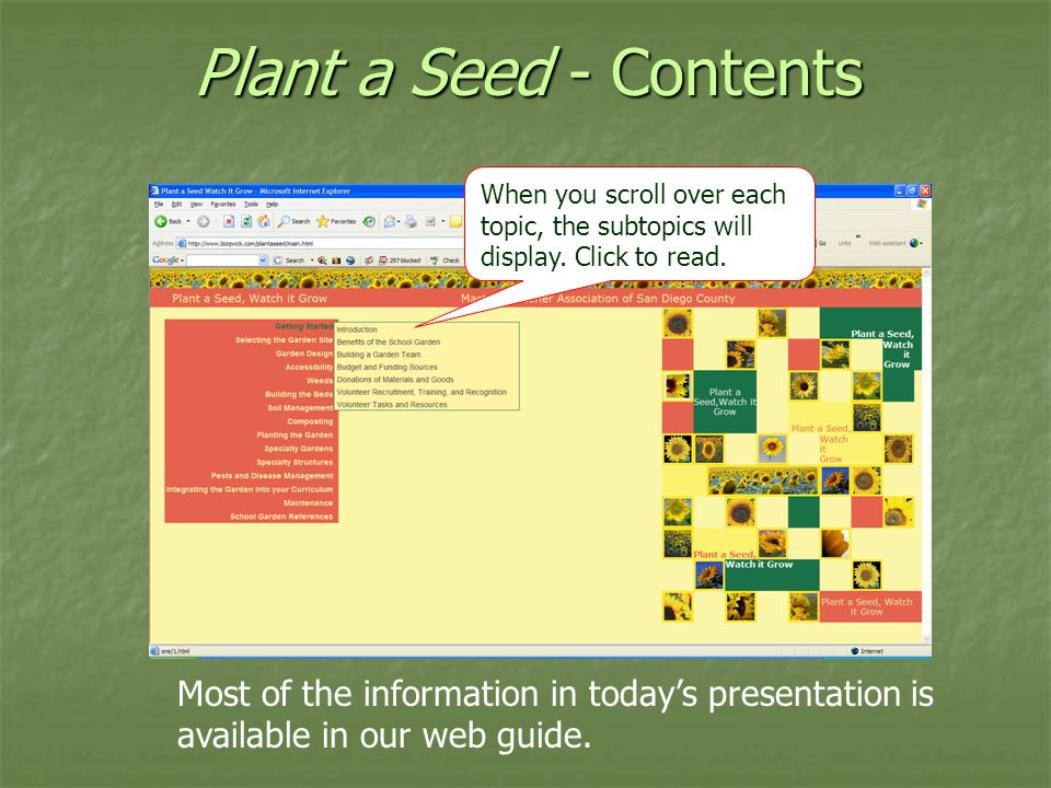 Plant a Seed - Contents When you scroll over each topic, the subtopics will display.