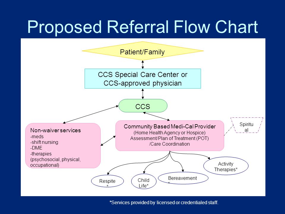 Proposed Referral Flow Chart CCS Special Care Center or CCS-approved physician Non-waiver services -meds -shift nursing -DME -therapies (psychosocial, physical, occupational) Community Based Medi-Cal Provider (Home Health Agency or Hospice) Assessment/Plan of Treatment (POT) /Care Coordination Respite * Child Life* Bereavement * Activity Therapies* Patient/Family CCS request for palliative care Spiritu al *Services provided by licensed or credentialed staff.
