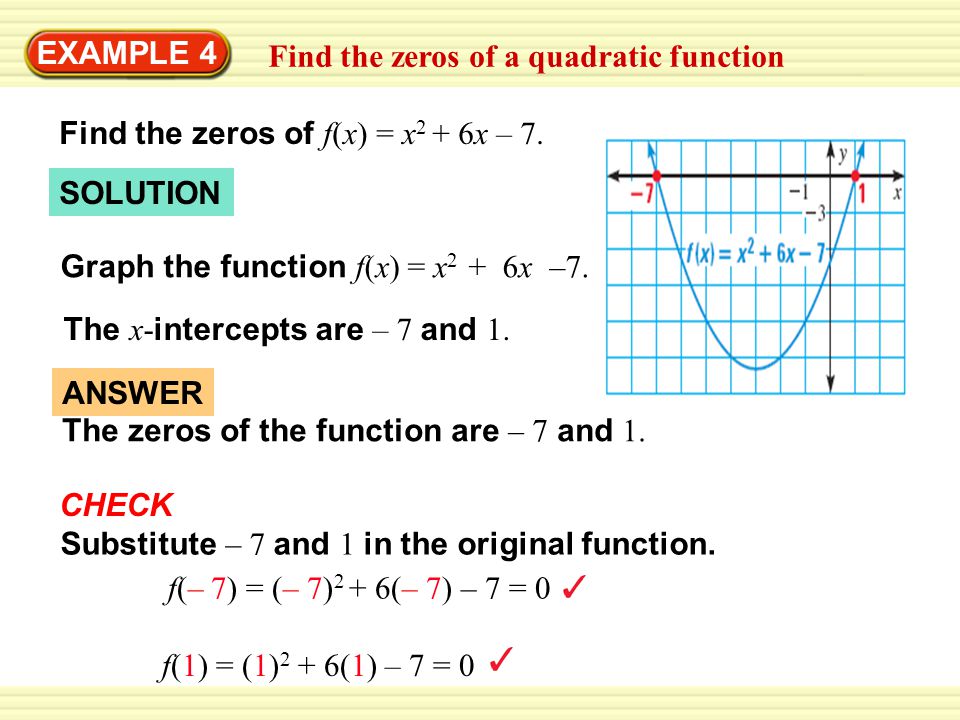 EXAMPLE 4 Find the zeros of a quadratic function Find the zeros of f(x) = x 2 + 6x – 7.