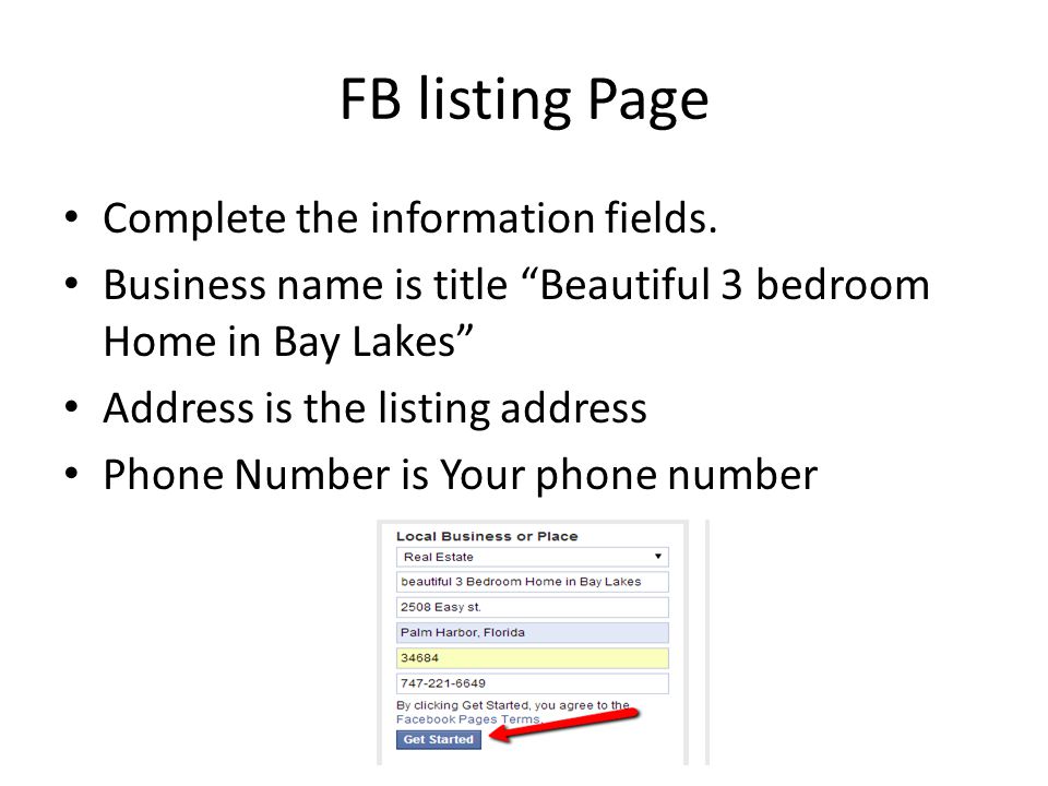 FB listing Page Complete the information fields.