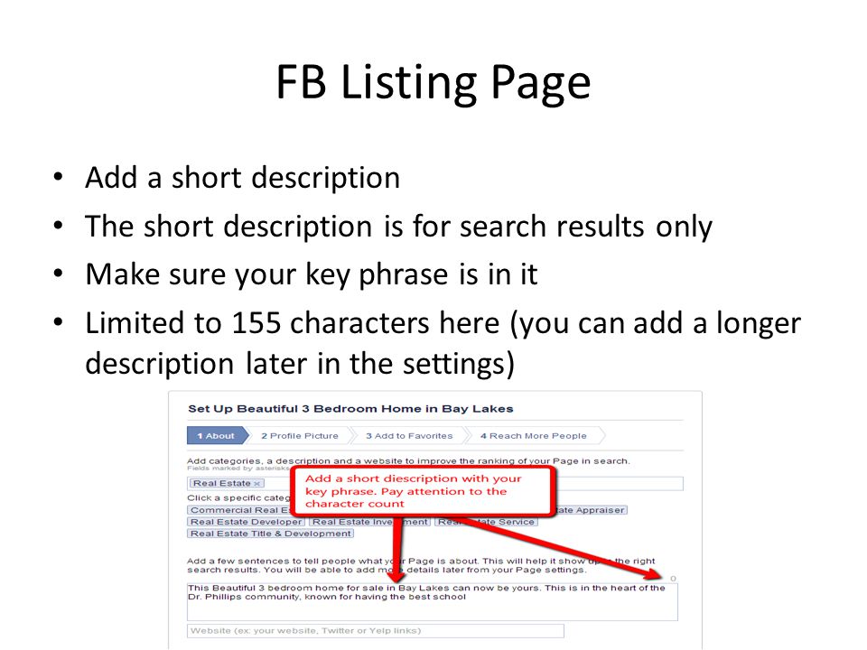 FB Listing Page Add a short description The short description is for search results only Make sure your key phrase is in it Limited to 155 characters here (you can add a longer description later in the settings)