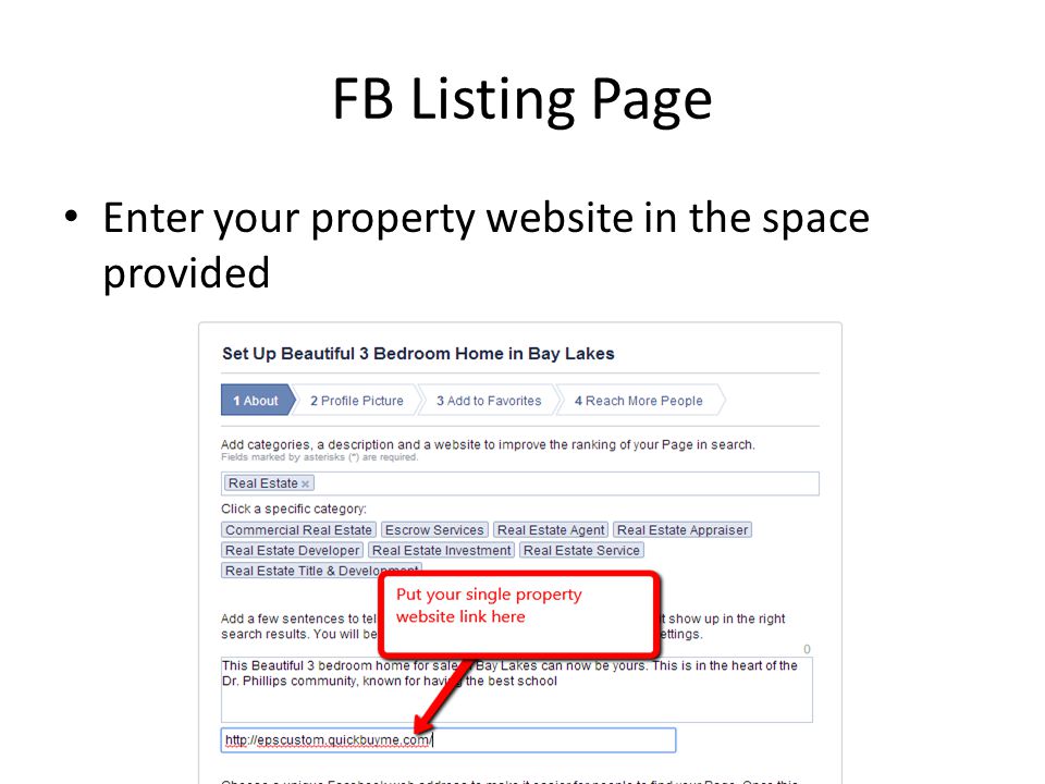 FB Listing Page Enter your property website in the space provided