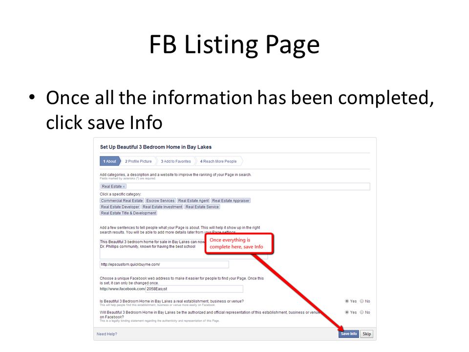 FB Listing Page Once all the information has been completed, click save Info