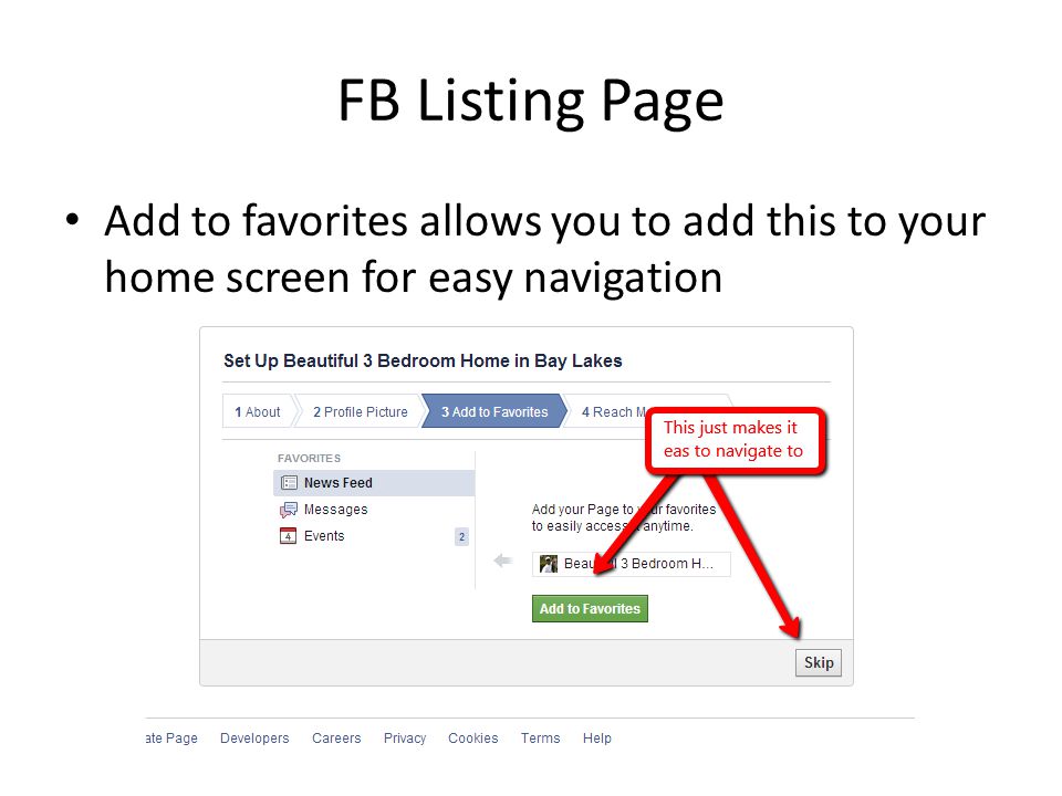 FB Listing Page Add to favorites allows you to add this to your home screen for easy navigation